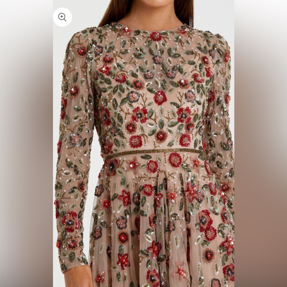 NWT | Mac Duggal Cream Maxi Dress with Long Sleeves & Floral Embroidery Size 16 - Picture 3 of 15